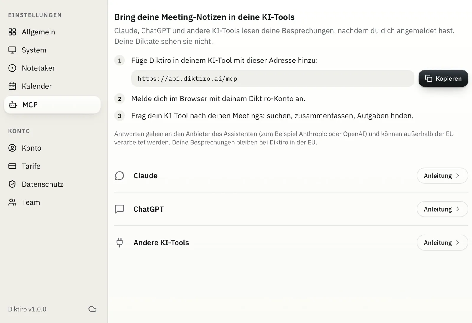 Einstellungen → MCP mit der Adresse zum Kopieren, drei Schritten und einer Anleitung je KI-Tool