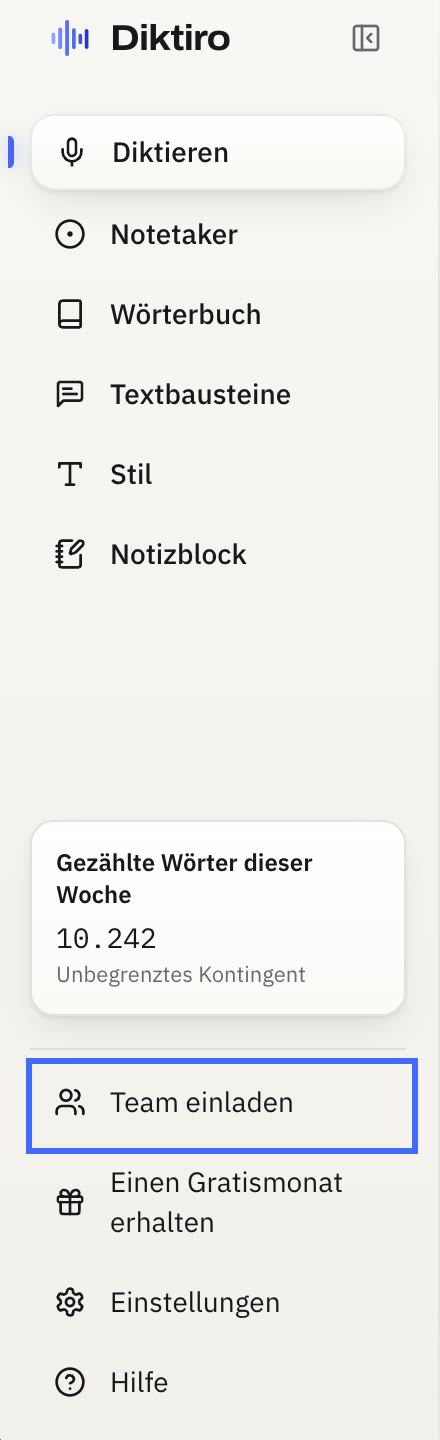 Die Seitenleiste der Diktiro-App, unten links der Eintrag Team einladen
